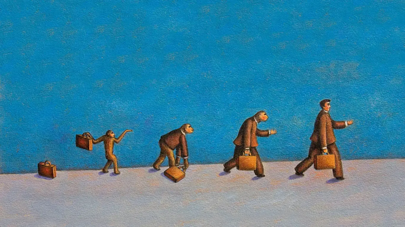 Famous image of evolution - from monkey to man to what's next? Change.