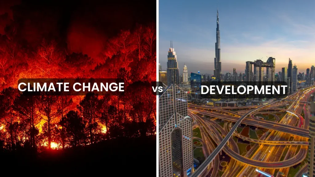 Image of Forest Fire next to modern city to contrast development with climate change