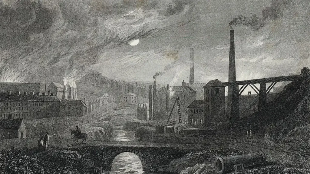 Sketch of polluted cities, smoking chimneys, smog covered air, polluted water from Industrial Revolution.