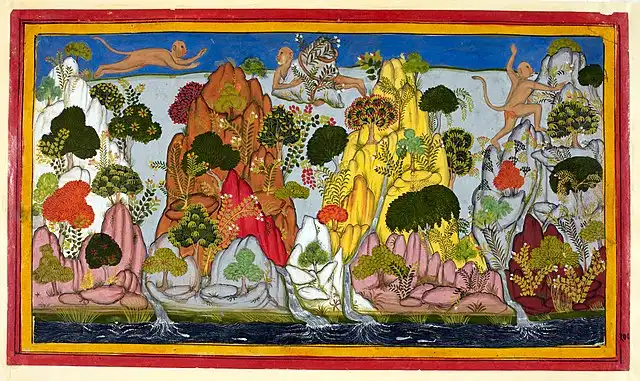 Painting of Hanuman carrying the Sanjeevani Buti to Prince Lakshaman in Ramayana by Valmiki 