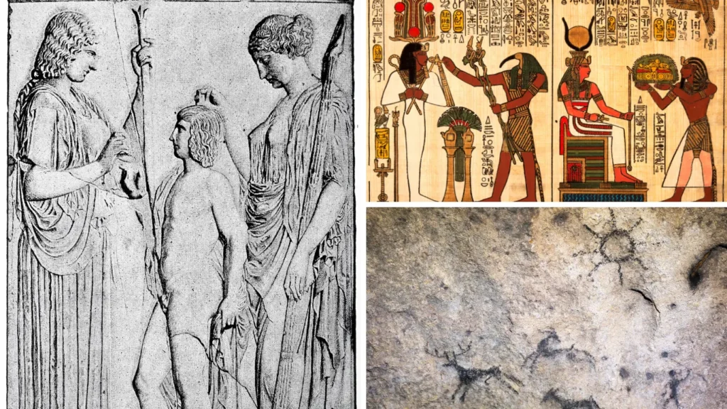 Cave paintings, Greek Goddesses Demeter, and Hieroglyphics to highlight ancient understanding of nature's role in human development.