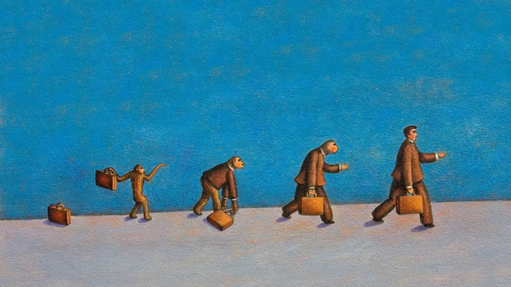 Famous image of evolution - from monkey to man to what's next? Change.