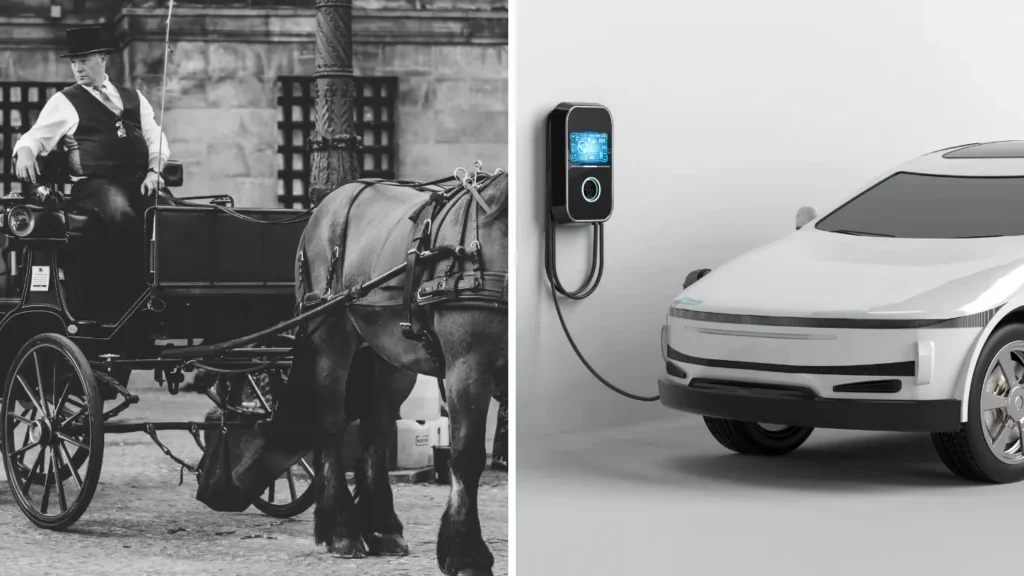 Side by side image of horse dawn carriage with electric vehicle to suggest evolution of transportation tech.