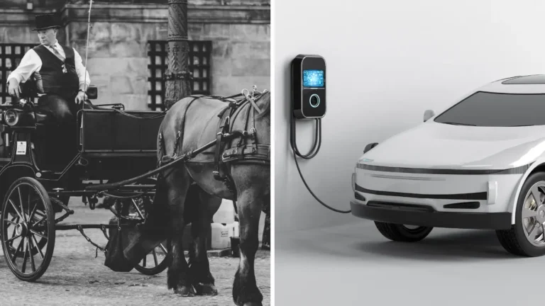 Side by side image of horse dawn carriage with electric vehicle to suggest evolution of transportation tech.