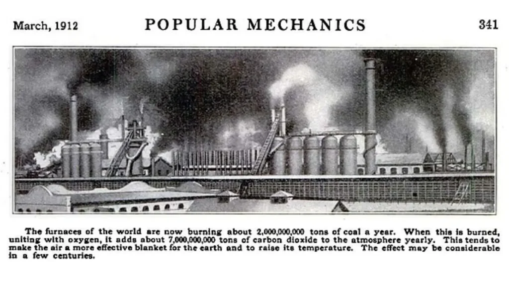 Image from Popular Mechanics Magazine from March 1912 showing heavy carbon emission and air pollution, drawing attention to adverse effects on environment it can create in the future.