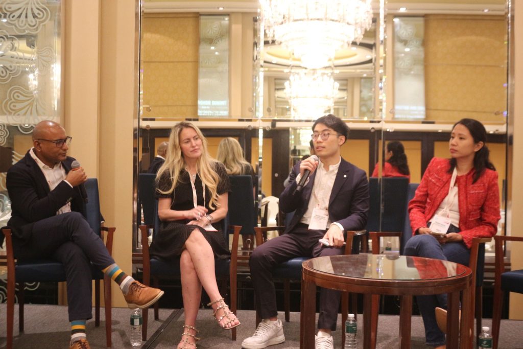Srini Chakravarthy – Straive, Alexandra Vidyuk – Beyond Earth Ventures, Alex San – The Radical Fund, and Angela Tay – AgFunder speaking at a panel during SAFFAL Investor & Donor Summit at Singapore